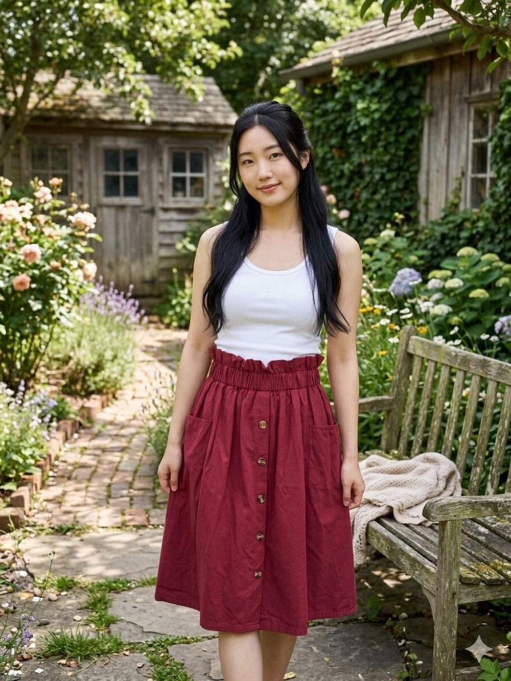 Cottage core Women’s High-Waist Burgundy A-line Skirt